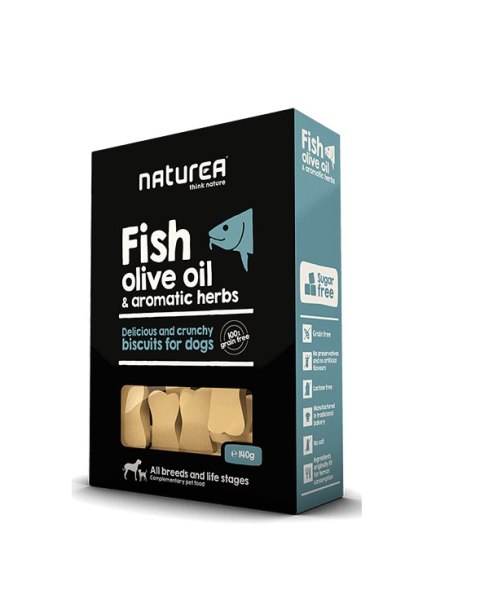 NATUREA Bezzbożowe biszkopty dla psa Oliwa z oliwek z aromatycznymi ziołami i rybą 140g NATUREA Bezzbożowe biszkopty dla psa Oliwa z oliwek z aromatycznymi ziołami i rybą 140g