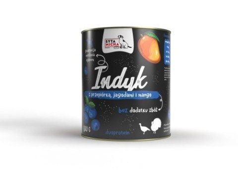 SYTA MICHA Karma mokra dla psa Indyk z przepiórką, jagodami i mango 800g