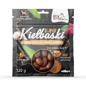 SYTA MICHA Super kiełbaski z pstrąga, batatem, cukinią i kokosem 100g SYTA MICHA Super kiełbaski z pstrąga, batatem, cukinią i kokosem 100g
