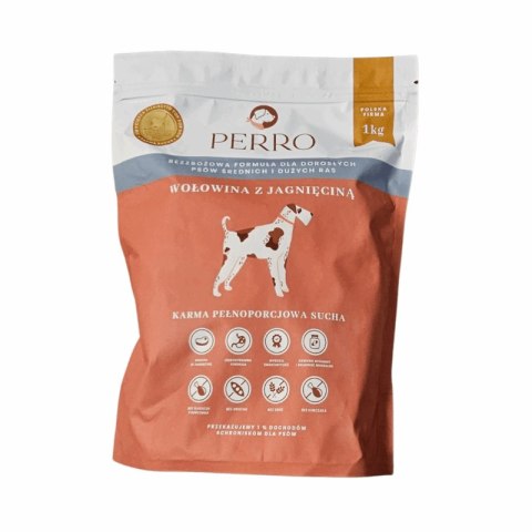 PERRO Karma sucha Wołowina z jagnięciną - bezzbożowa karma sucha dla psów dorosłych średnich i dużych ras 1kg