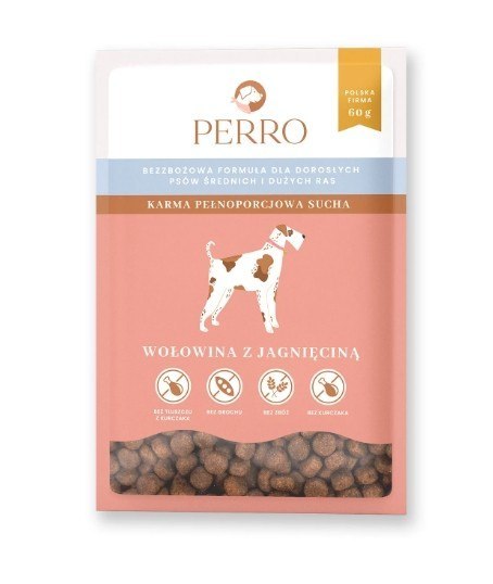 PERRO Karma sucha Wołowina z jagnięciną - bezzbożowa karma sucha dla psów dorosłych średnich i dużych ras PRÓBKA 60g