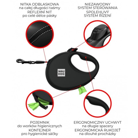 WAUDOG Smycz automatyczna dla psa R-leash z pojemnikiem na worek, taśma odblaskowa, różowa M 20kg/5m WAUDOG Smycz automatyczna dla psa R-leash z pojemnikiem na worek, taśma odblaskowa, różowa M 20kg/5m