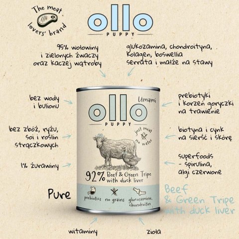 OLLO Puppy Umami Wołowina, zielone żwacze i kacza wątróbka- Karma mokra dla szczeniąt 400g