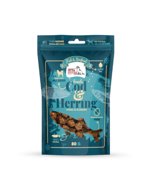 Syta Micha Fish & Seafood Przysmaki ze śledziem i dorszem dla psa 80g Syta Micha Fish & Seafood Przysmaki ze śledziem i dorszem dla psa 80g